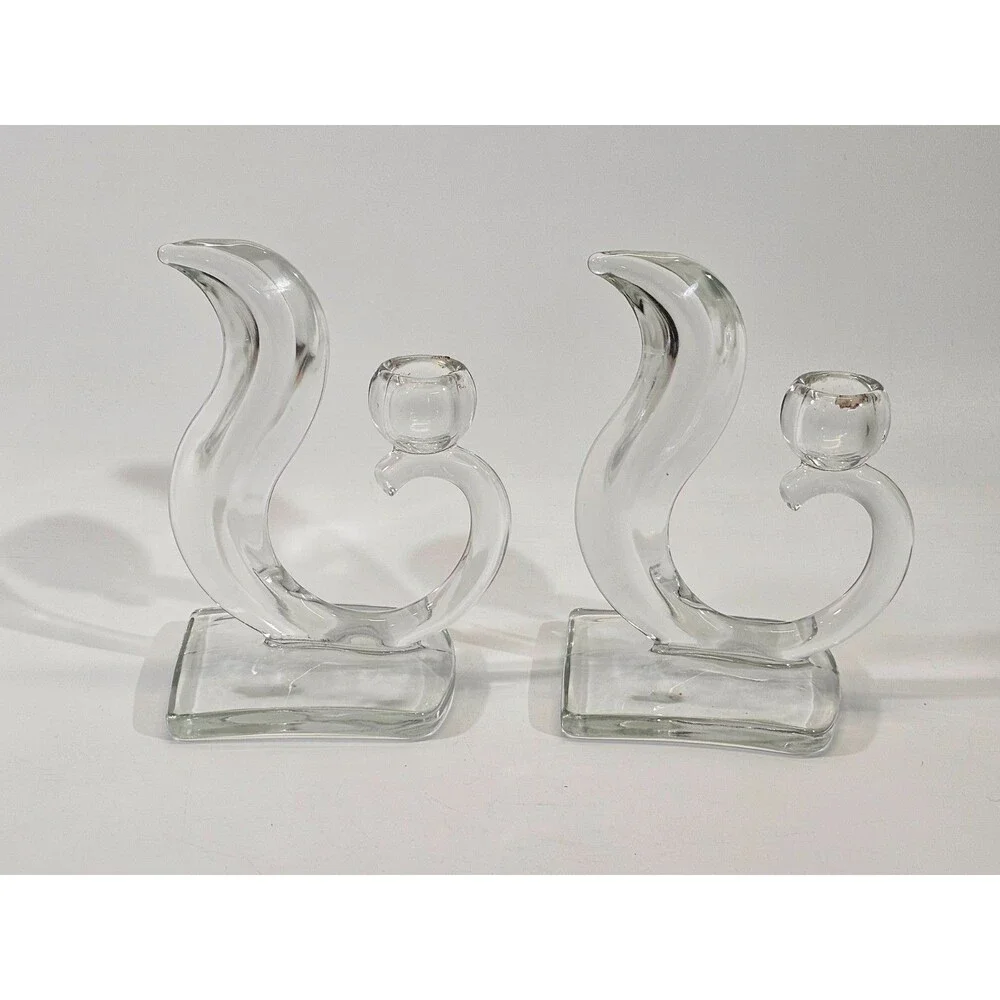 VINTAGE Art Deco Muranese Glass Flame Candlesticks Martinsville Viking 50s Set 2